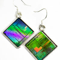 Item063: Silicon Wafer Computer Chip Earrings -  Silver, Green & Rainbow Colors (large)