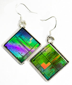 Item063: Silicon Wafer Computer Chip Earrings -  Silver, Green & Rainbow Colors (large)