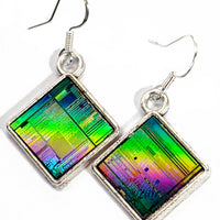 Item064: Silicon Wafer Computer Chip Earrings -  Silver, Green & Rainbow Colors (small)