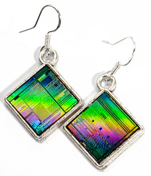 Item064: Silicon Wafer Computer Chip Earrings -  Silver, Green & Rainbow Colors (small)