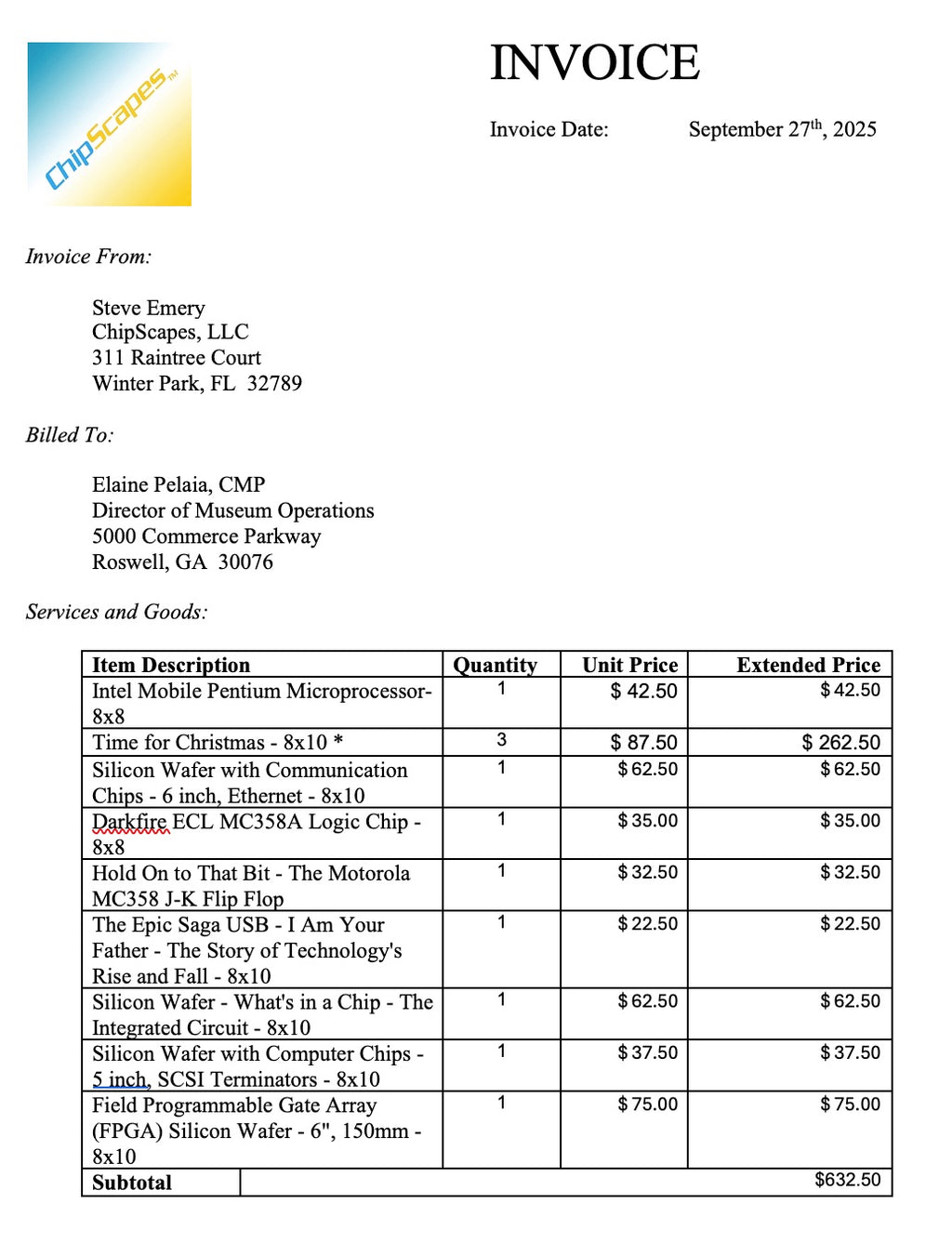 Invoice for Mims Museum