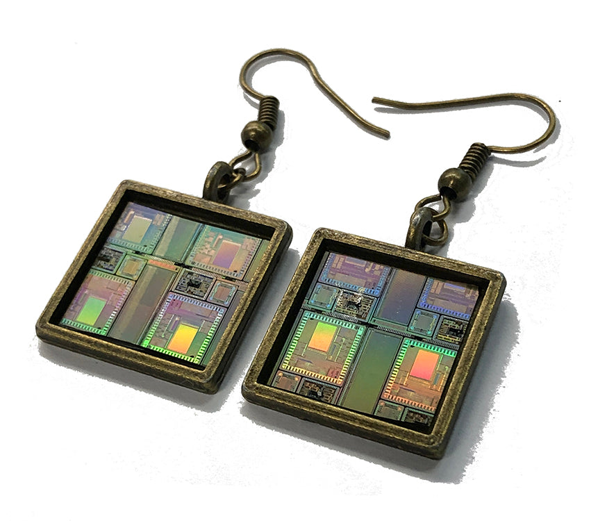 Item025: Silicon Wafer Communication Chip Earrings -  Bronze & Rainbow Colors, AMI