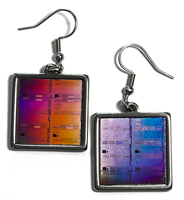 Item042: Silicon Wafer Computer Chip Earrings -  Purple & Fire