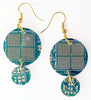 Item001: Communication Board Earrings - Nortel, Dangles, Round, Green, Gold
