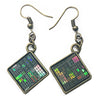 Item036: Silicon Wafer Cryptographic Test Circuit Earrings -  Diamond Shaped, Bronze & Rainbow Colors