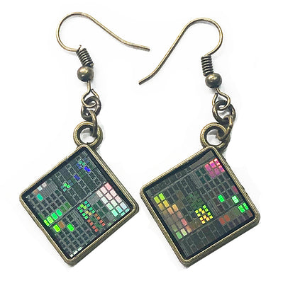 Item036: Silicon Wafer Cryptographic Test Circuit Earrings -  Diamond Shaped, Bronze & Rainbow Colors