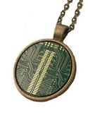 Item021: Memory Circuit Board Pendant - DRAM, RAM, Bronze, Green, Round, Gold